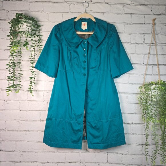 WOMENS JACKET BY TULLE-ANTHROPOLOGIE TEAL BLUE LINED SHORT SLEEVE WOMENS LARGE - Picture 1 of 9